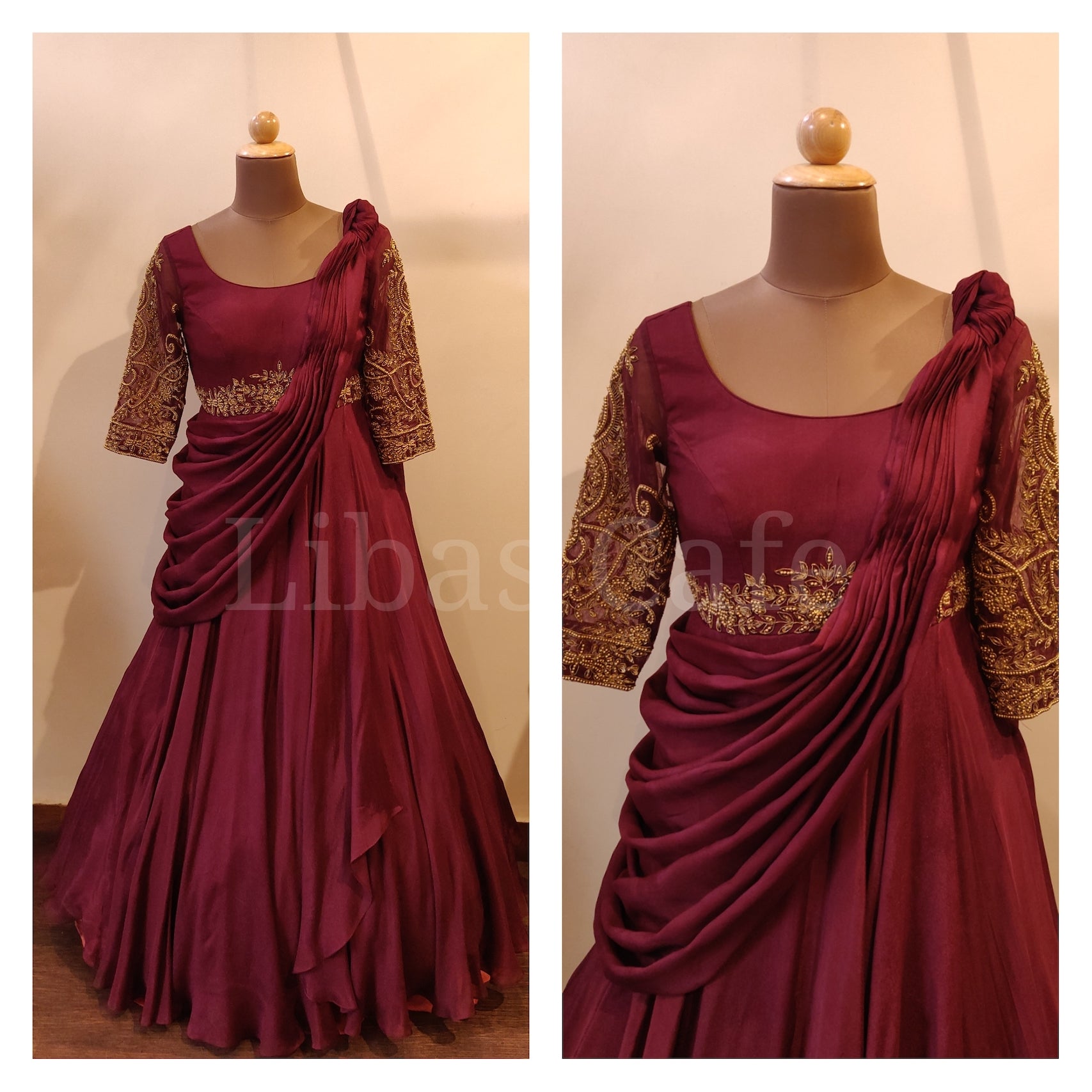 Wine Drape Gown With Metallic Embroidery